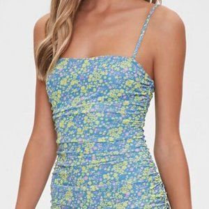 Ruched Floral Bodycon Dress (Dusty Blue/Yellow)